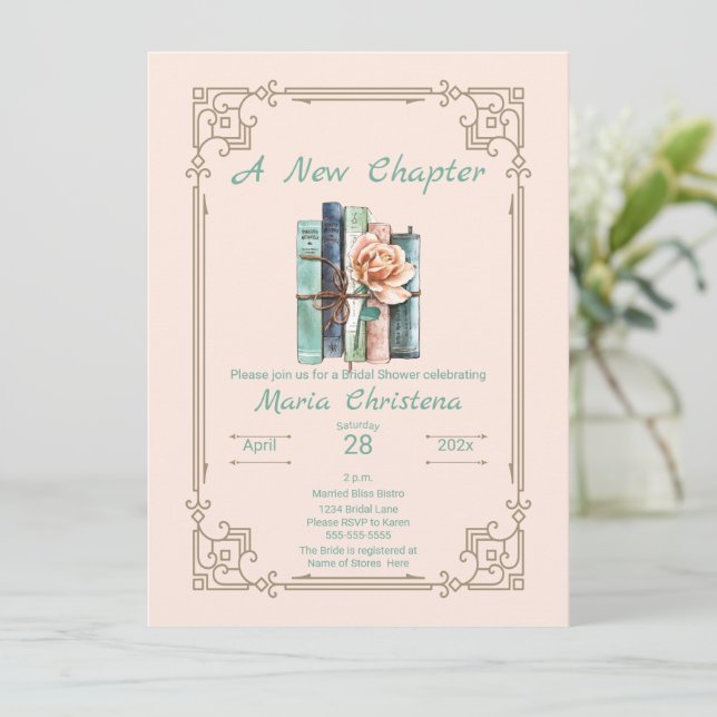 Invitación New Chapter Begins Bridal Shower Book Stack Floral (Anverso de pie)