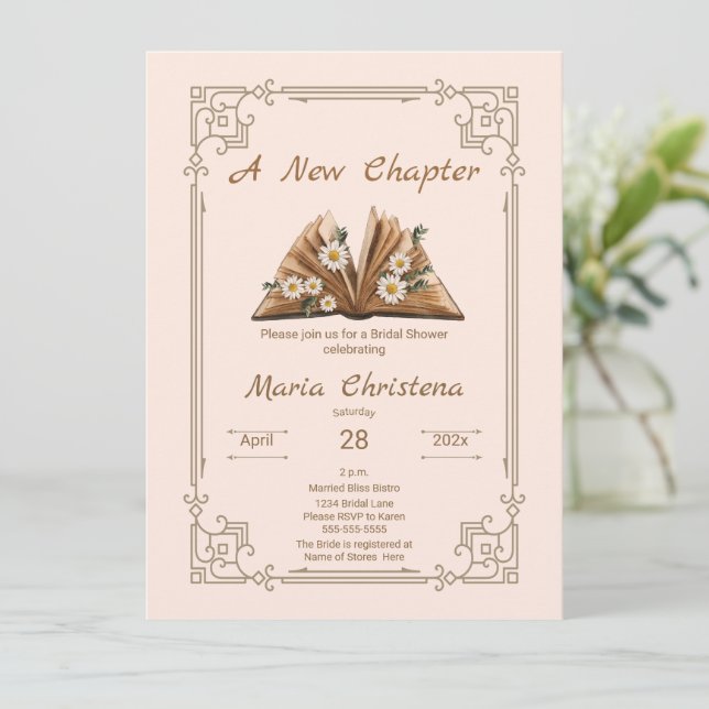 Invitación New Chapter Begins Bridal Shower Floral Open Book (Anverso de pie)
