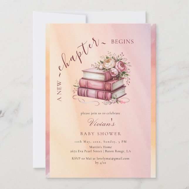 Invitación New Chapter Begins Floral Books Baby Shower (Anverso)