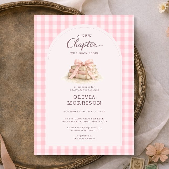 Invitación New Chapter Begins Pink Gingham Baby Shower (Subido por el creador)