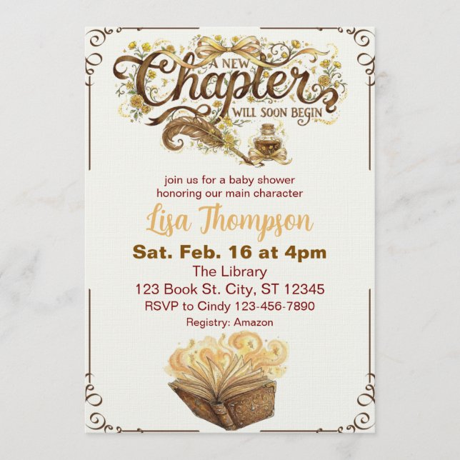 Invitación New Chapter Begins Soon, Golden Book Baby Shower (Anverso)
