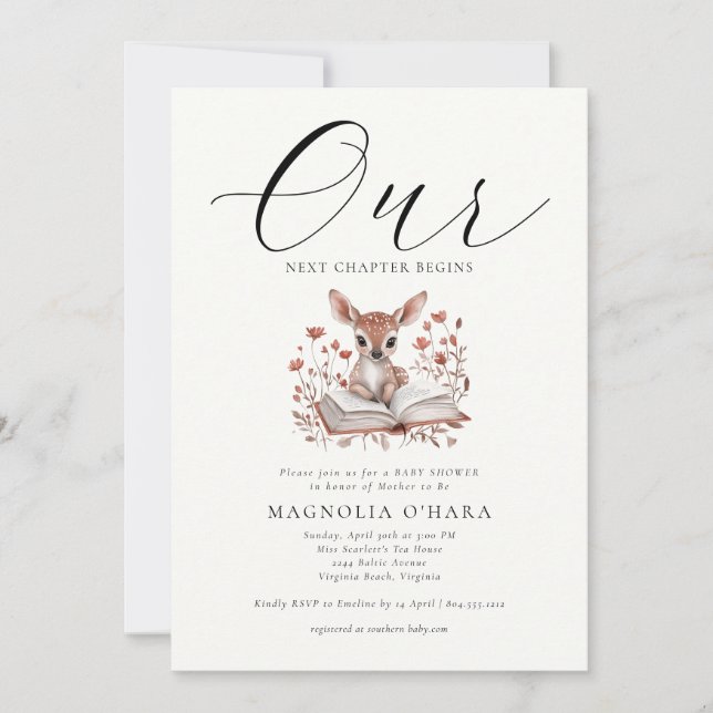 Invitación New Chapter Begins Storybook Floral Baby Shower   (Anverso)