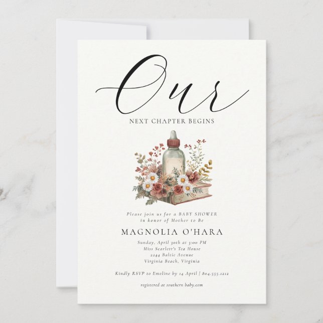 Invitación New Chapter Begins Storybook Floral Baby Shower  (Anverso)