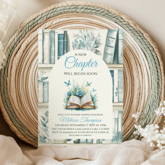 Invitación New Chapter Blue Boy Library Book Baby Shower