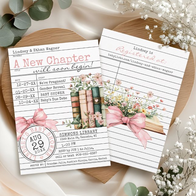 Invitación New Chapter Library Card Book Bow Baby Girl Shower (A New Chapter floral books wildflower pink bows library card cute modern baby girl shower invitation)