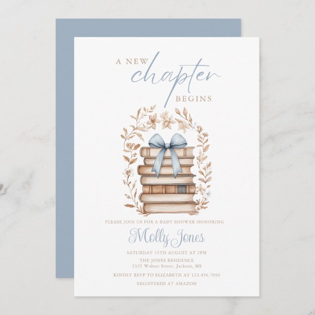 Invitación New Chapter Storybook Blue Baby Shower All In One (Anverso / Reverso)