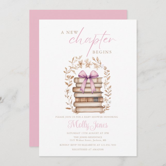 Invitación New Chapter Storybook Pink Bow Baby Shower (Anverso / Reverso)