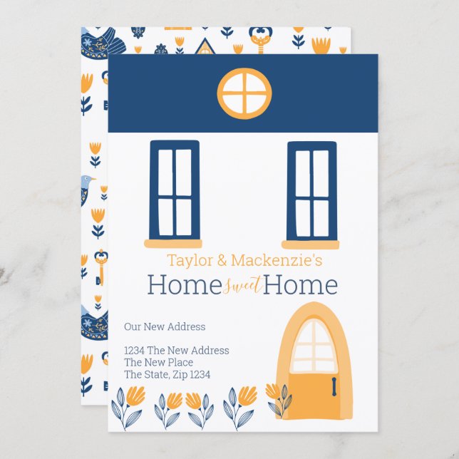 Invitación New Home Address Hygge Blue Yellow House (Anverso / Reverso)