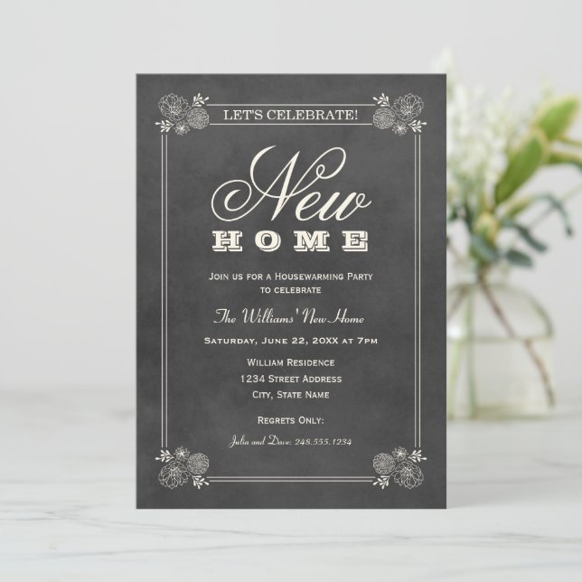 Invitación New Home Rustic Black Chalkboard Housewarming (Anverso de pie)