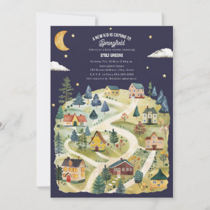 Invitación New Kid Hometown Watercolor Night Baby Shower