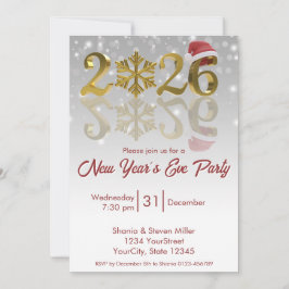Invitación New Year 2026 Golden with Snowflake and Santa Hat