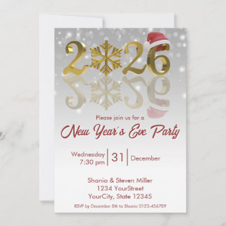 Invitación New Year 2026 Golden with Snowflake and Santa Hat