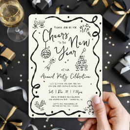 Invitación New Year Cheer Hand Drawn Doodle Cream Black Party