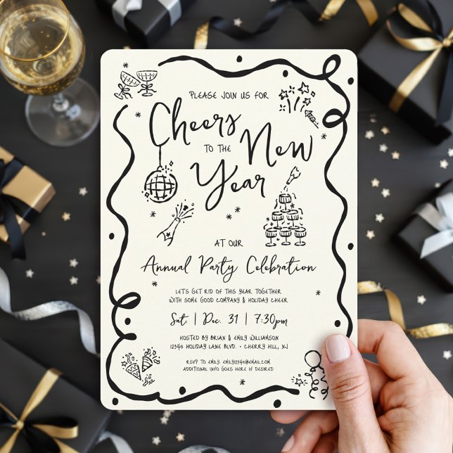 Invitación New Year Cheer Hand Drawn Doodle Cream Black Party (Subido por el creador)