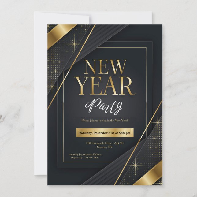 Invitación New Year Party Invitation Black and Gold (Anverso)