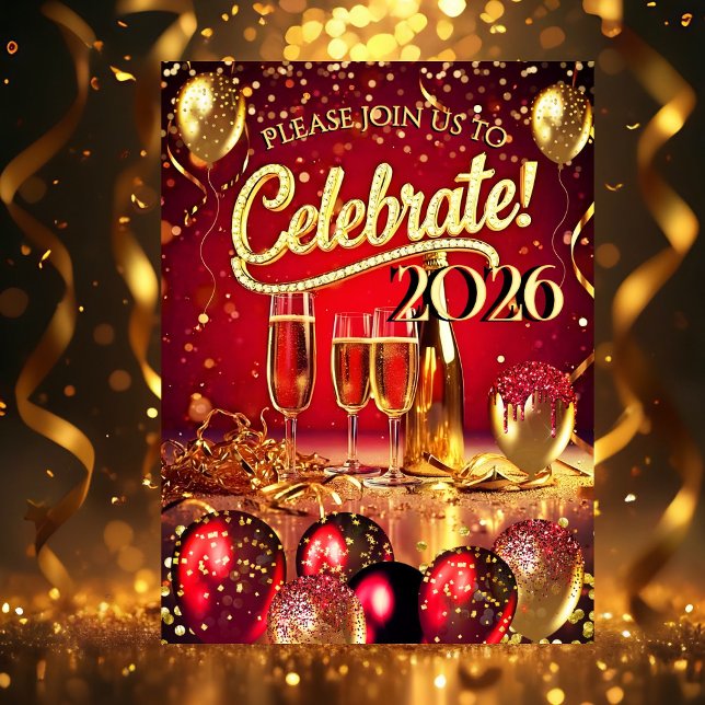 Invitación New Year’s Eve Party Red Gold Champagne Streamers (Subido por el creador)