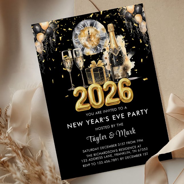 Invitación New Year's Eve Party Balck Gold Glitter Champagne (Subido por el creador)