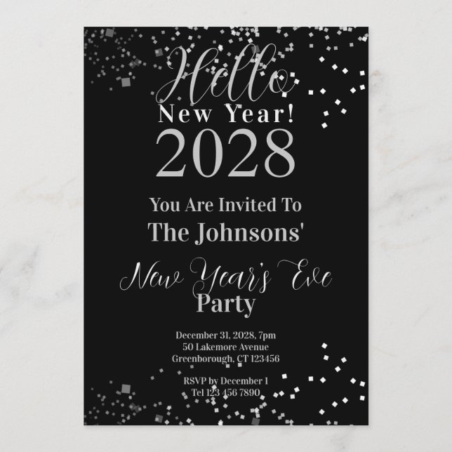 Invitación New Year's Eve Party Black and Silver Sparkle (Reverso)