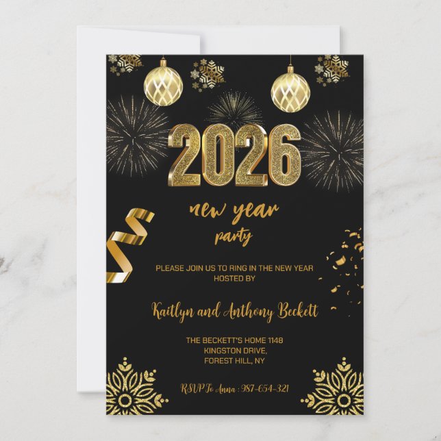 Invitación New Year's Eve Party Black & Gold Balloon Confetti (Anverso)