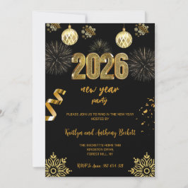 Invitación New Year's Eve Party Black & Gold Balloon Confetti