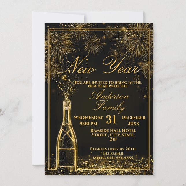 Invitación New Years Eve Party Bubbly Celebration (Anverso)