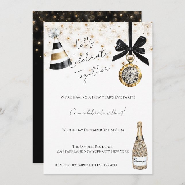 Invitación New Year's Eve Party Gold Glitzy Sparkle  (Anverso / Reverso)