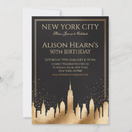 Invitación New York City Skyline 50th Birthday Black & Gold