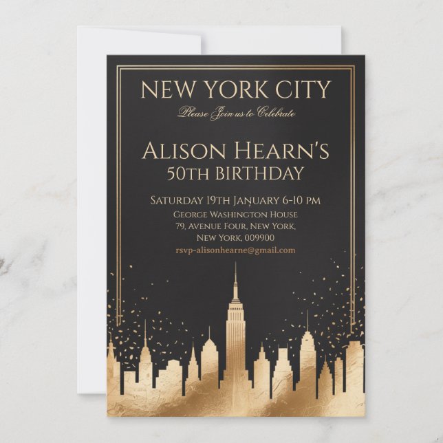 Invitación New York City Skyline 50th Birthday Black & Gold (Anverso)