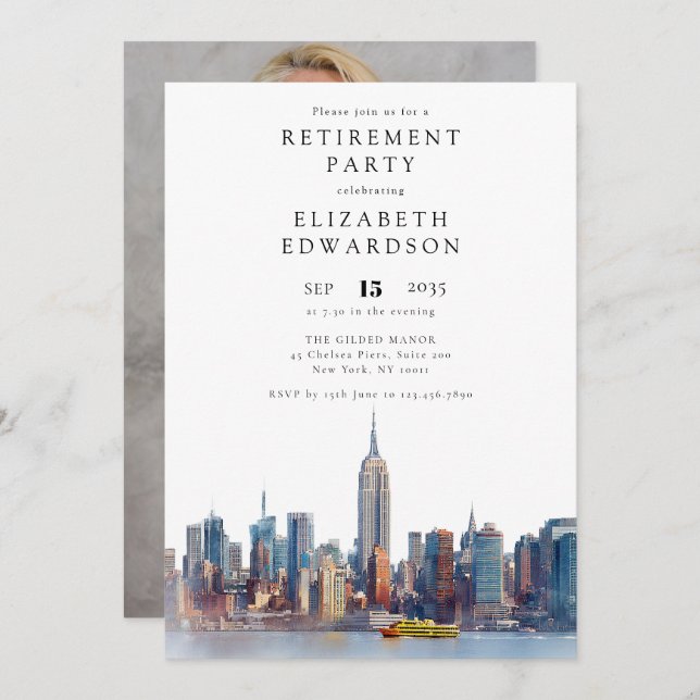Invitación New York City Skyline Retirement Party Photo (Anverso / Reverso)