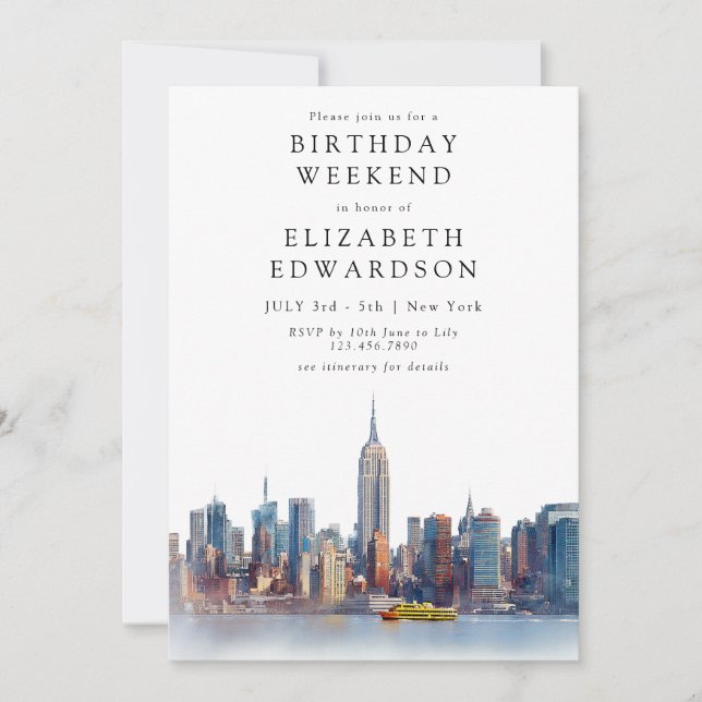 Invitación New York Watercolor Birthday Weekend (Anverso)