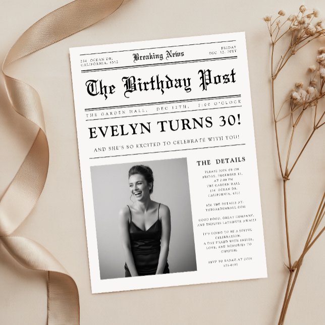 Invitación Newspaper Black and White Fun Photo 30th Birthday (Subido por el creador)