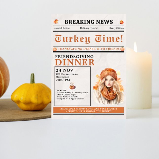 Invitación Newspaper Friendsgiving Dinner Thanksgiving Fall (Newspaper Friendsgiving Dinner Thanksgiving Fall Invitation simple minimalist pumpkin funny unique)