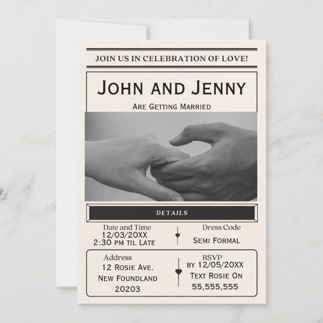Invitación Newspaper-Style Wedding Invitation | Customisable  (Anverso)