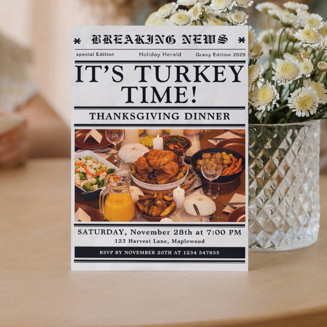 Invitación Newspaper Thanksgiving Dinner Fall  (newspaper invitations unique fun classic vintage black and white)