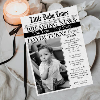 Invitación Newspaper Unique Fun Photo Boy 1st Birthday Party