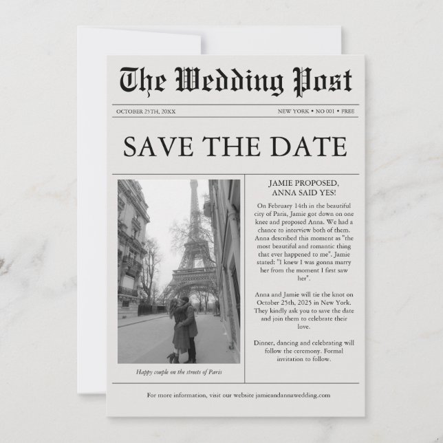 Invitación Newspaper Unique Fun Photo Save the Date Wedding (Anverso)