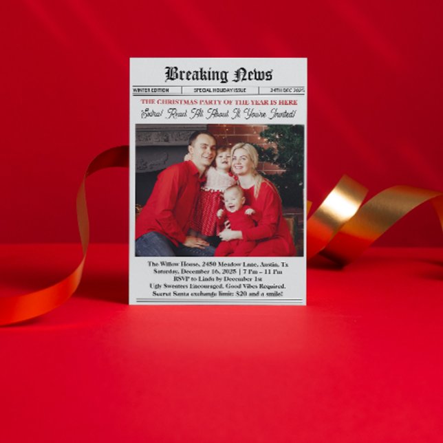 Invitación Newspaper Vintage Christmas Party ( newspaper Christmas Party Invitation secret santa white elephant exchange favorite things party)