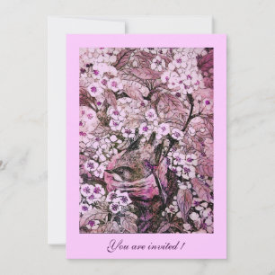 INVITACIÓN NIDO DE PÁJARO, ÁRBOL CON FLORES ROJAS BLANCAS Y R