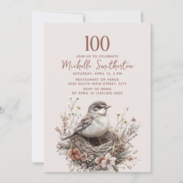 Invitación Nido de Pájaro Terracota Rosa Cumpleaños 100 (Anverso)