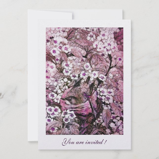 INVITACIÓN NIDO DE PÁJAROS, ÁRBOL CON FLORES ROJAS ROSADAS BL (Anverso)
