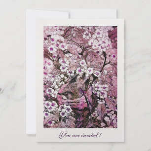 INVITACIÓN NIDO DE PÁJAROS, ÁRBOL CON FLORES ROJAS ROSADAS BL