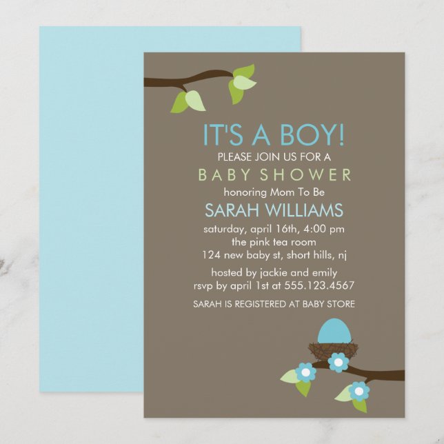 Invitación Nido de pájaros azules y flores niño Baby Shower (Anverso / Reverso)