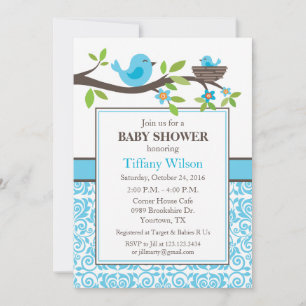 Invitación Nido de pájaros para baby shower en azul