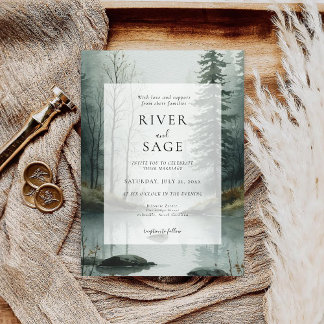 Invitación Niebla de hoja perenne | Boda de bosque rústico co