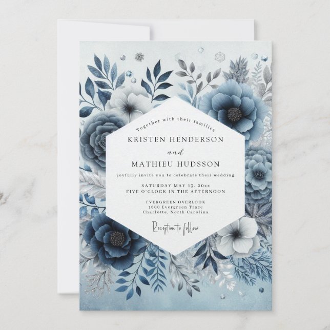 Invitación Niebla Flora Azul Acero Boda (Anverso)