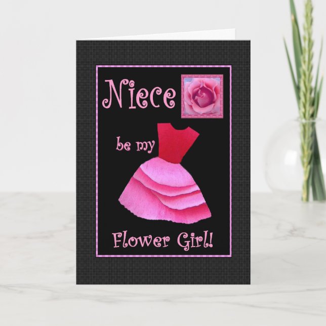 Invitación Niece, ¿Serás Mi Niña Flor? Vestido rosa (Anverso)