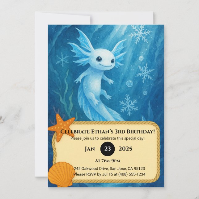 Invitación Nieve Axolotl en el Reino del Hielo Cumpleaños (Anverso)