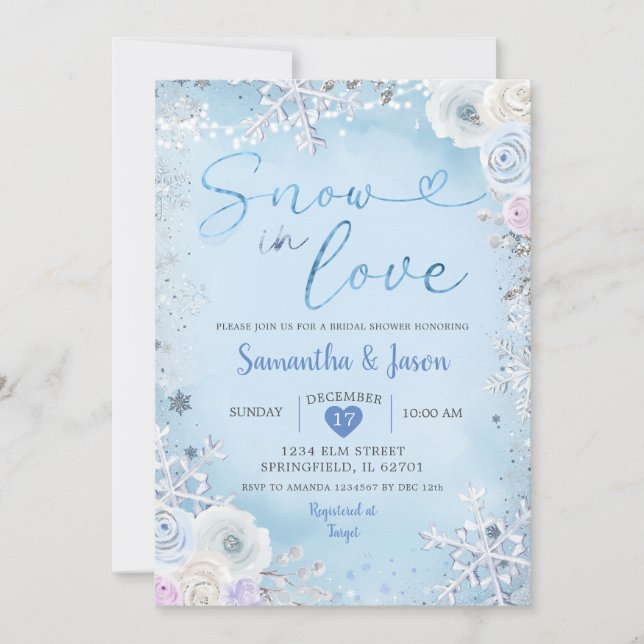 Invitación Nieve azul blanca en amor ducha de novia en invier (Anverso)