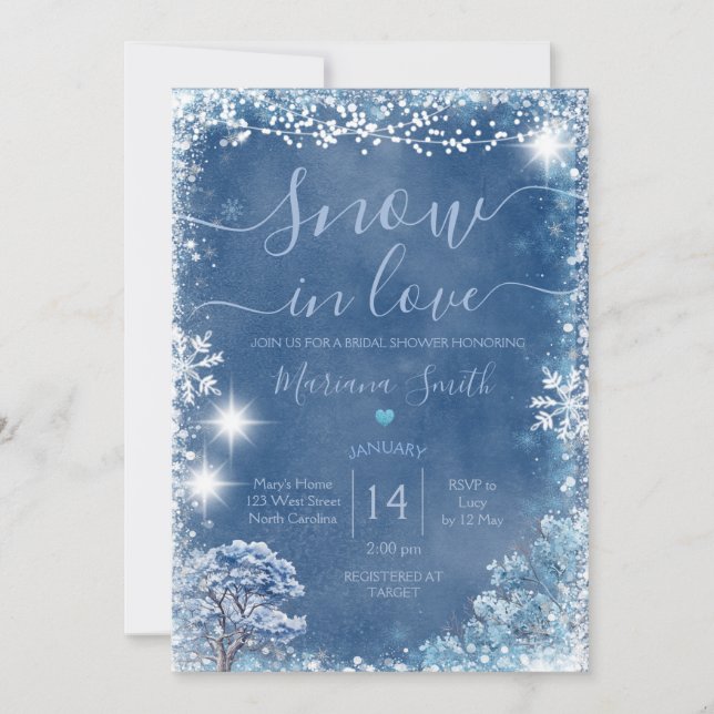 Invitación Nieve azul invernal en ducha de novias en árbol de (Anverso)