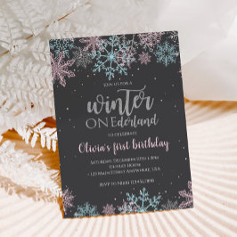 Invitación Nieve azul rosa de primer cumpleaños de invierno e